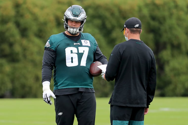 Eagles guard Nate Herbig played well against the Rams on Sunday.