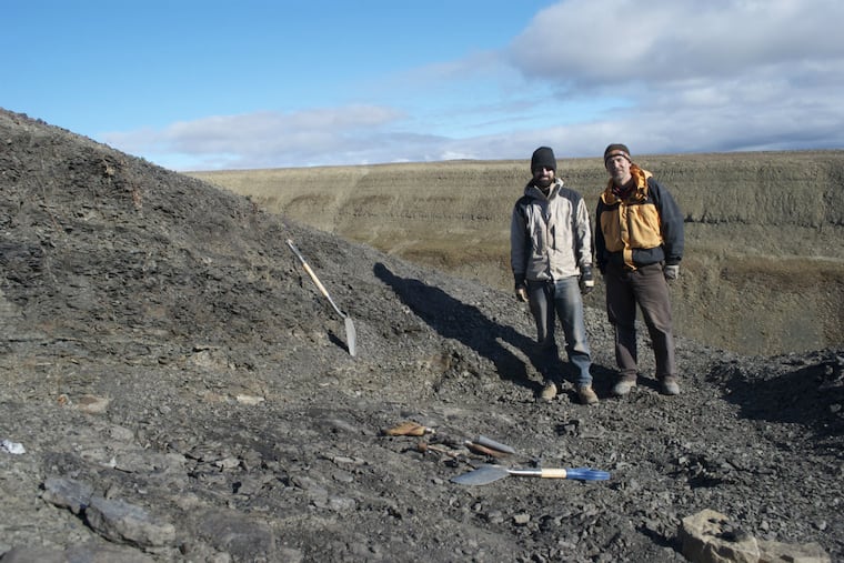Jason Downs (left) and Ted Daeschler at the site where they excavated parts of the prehistoric fish B. rex in 2008. It takes years to prepare and analyze the fossil material. They announced the new fish species in a paper published in October.