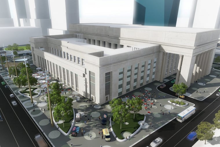 Artist rendering of proposed 30th Street Station Plaza, as seen from above corner of 29th and Market Streets looking northwest.