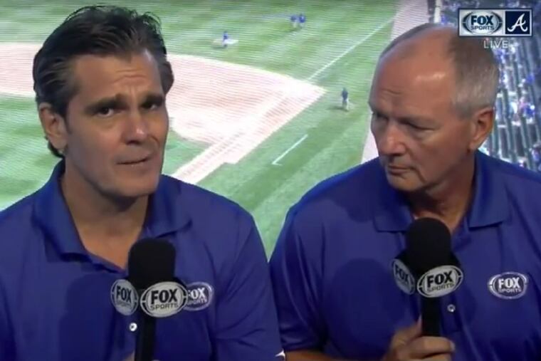 Atlanta Braves television analyst Joe Simpson (left) is once again being criticized for comments he made about a player during a broadcast.