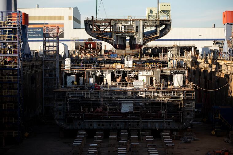 Construction continued on a training vessel for maritime academies in a dry dock at the Philly Shipyard earlier this month. It has been selected to make three Matson container ships for delivery in 2026 and 2027.