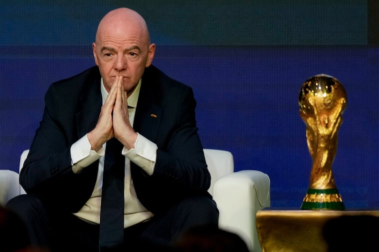 FIFA President Gianni Infantino pauses during the draw for the 2026 soccer World Cup at the Kennedy Center in Washington, Friday, Dec. 5, 2025.