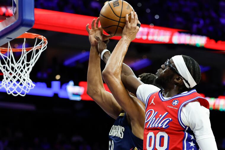 Sixers guard Reggie Jackson fouls New Orleans Pelicans forward Jeremiah Robinson-Earl during the second quarter on Jan. 10.