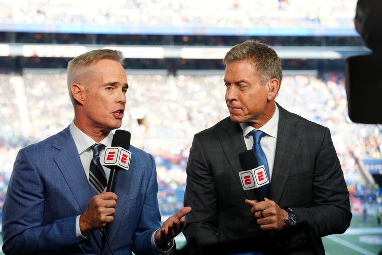 ESPN "Monday Night Football" announcers Joe Buck (left) and Troy Aikman will call Eagles-Vikings on ABC.
