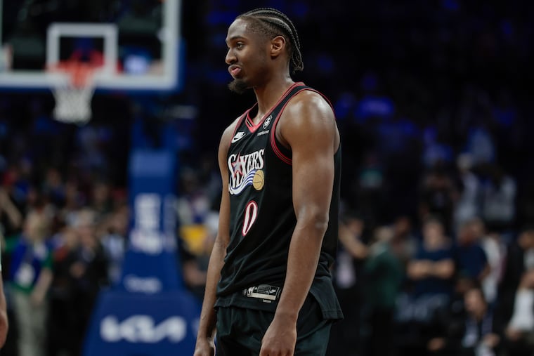 Sixers guard Tyrese Maxey reacts in the final seconds of Game 3.