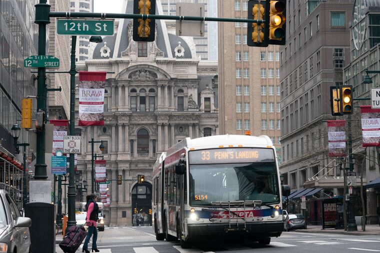 A SEPTA bus on Market Street, in Philadelphia, March 19, 2020. To accommodate changing ridership levels during the coronavirus crisis, SEPTA has reduced weekday bus service to a Saturday schedule.