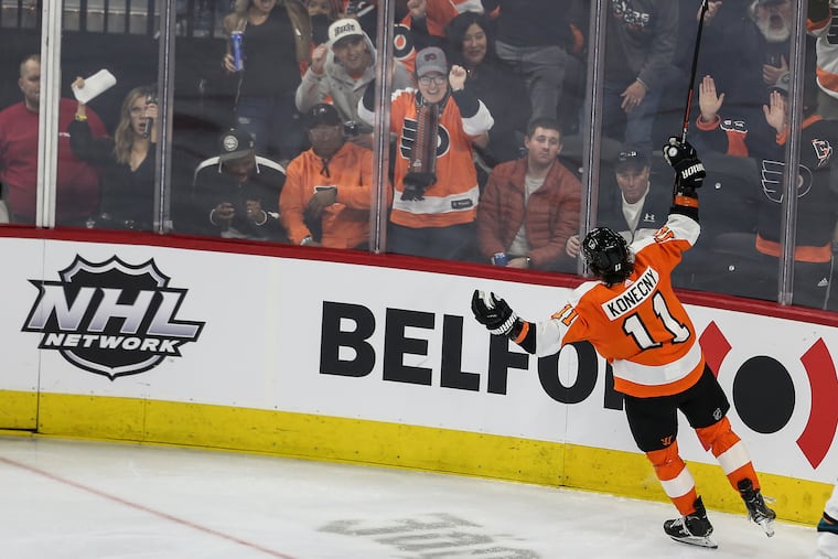 Flyers' Travis Konecny celebrates his goal against the Sharks during the second period.