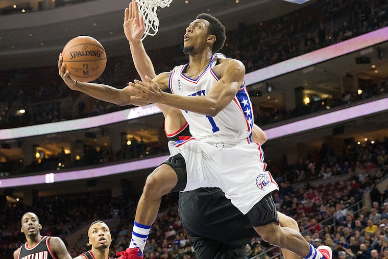 Philadelphia 76ers guard Ish Smith (1) scores against against the Portland Trail Blazers during the second half at Wells Fargo Center. The Philadelphia 76ers won 114-89.