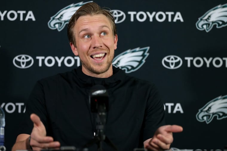 Eagles’ quarterback Nick Foles talks during his news conference at the NovaCare Complex in Philadelphia, PA on April 24, 2018.
