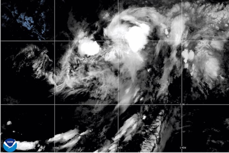 This NOAA satellite image taken at 11:04 a.m. EST on Thursday, Aug. 13, 2026, shows Tropical Storm Lala in the Pacific Ocean.