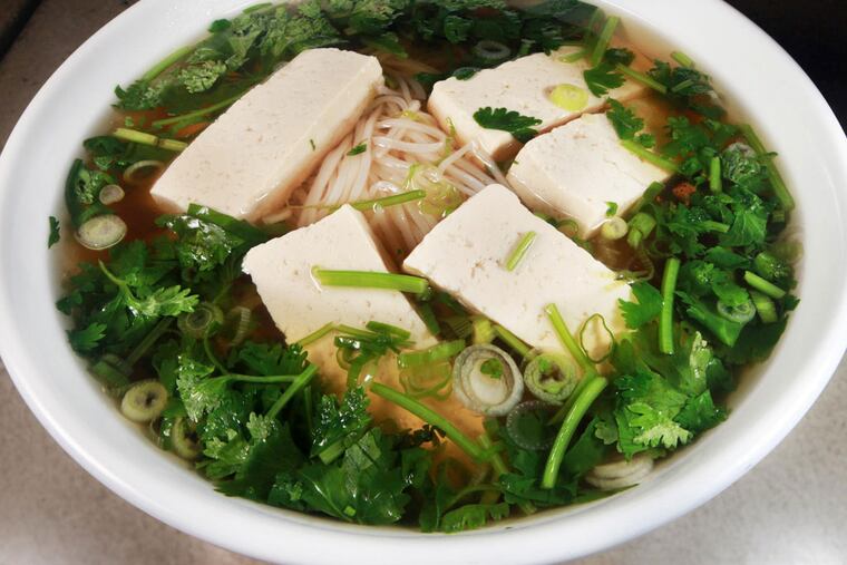 Mushroom pho at Stock, among the beef-free options, has rice noodles and exotic Vietnamese spice, and packs an umami punch. (DAVID M WARREN / Staff Photographer)
