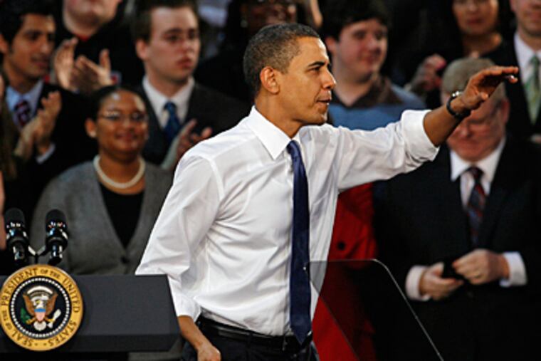 President Obama waves to supporters after finishing his speech inside Kuch Center on the campus of Arcadia University in Glenside. (Alejandro Alvarez / Staff)