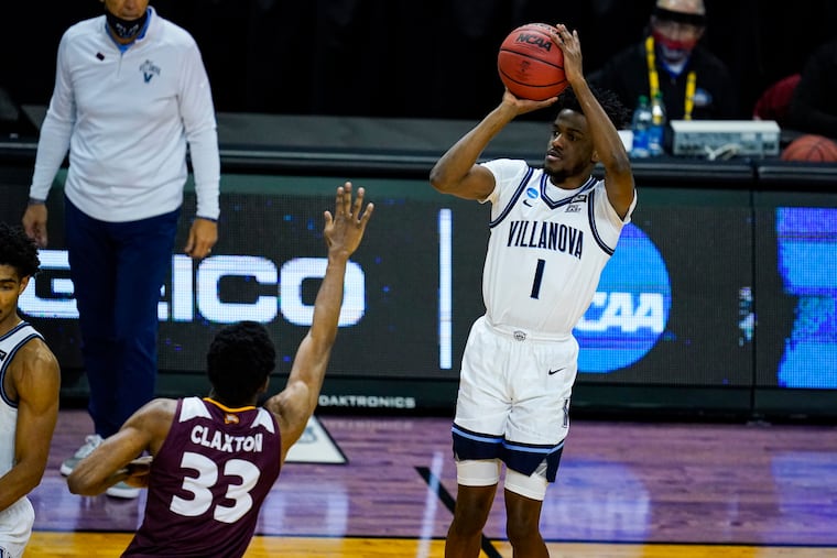 Villanova guard Bryan Antoine shoots over Winthrop forward Chase Claxton in an NCAA Tournament game in March.