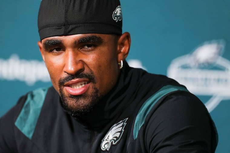 Eagles quarterback Jalen Hurts speaks after training camp practice at the NovaCare Complex in Philadelphia on Thursday, Aug. 10, 2023. The Eagles will play their first preseason game on Saturday in Baltimore against the Ravens.