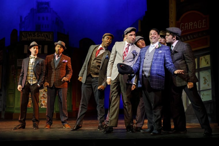 (Left to right:) Blakely Slaybaugh, Darius de Haas, Chris Washington, Evan Mayer, Mason Reeves, Steve Rosen, Eric Greengold, and Jake Smith in the Bucks County Playhouse production of “Guys and Dolls,” through Aug. 12.