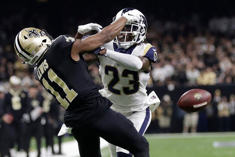 The Rams' Nickell Robey-Coleman breaks up a pass intended for the Saints' Tommylee Lewis during the NFC championship game. As a result of pass interference not being called on this play, the NFL has made such calls and non-calls reviewable.