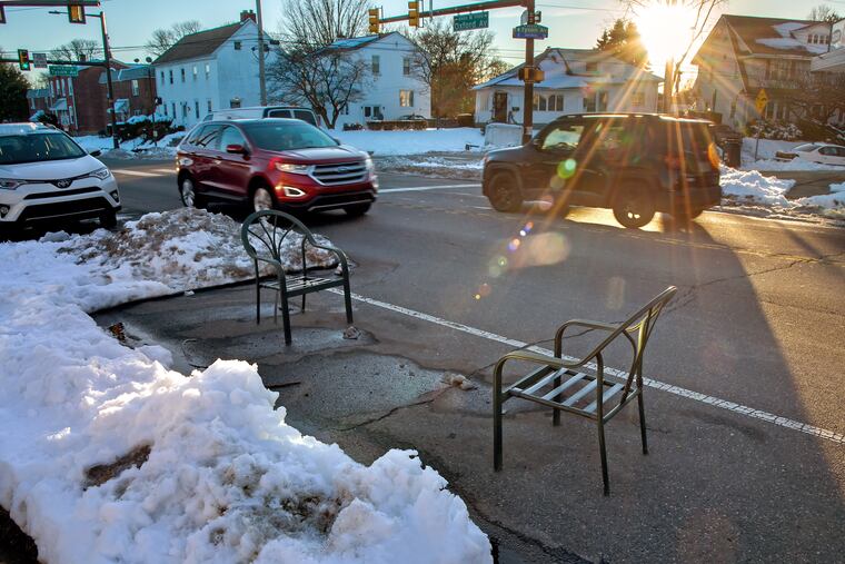 A shoveled and saved parking space in Northeast Philadelphia on Feb. 4, 2021.