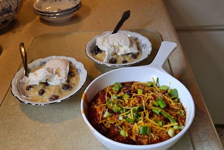 Bob Abel's chili and his wife Debbie's rice pudding. (C.F. Sanchez / Staff Photographer)