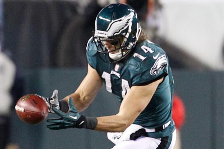 Philadelphia Eagles receiver Riley Cooper drops a pass the 3rd quarter
on a 3rd down play during the 3rd quarter of the NFC wildcard playoff
game Jan. 4, 2014 at Lincoln Financial Field against the New Orleans
Saints. ( RON CORTES / Staff Photographer )