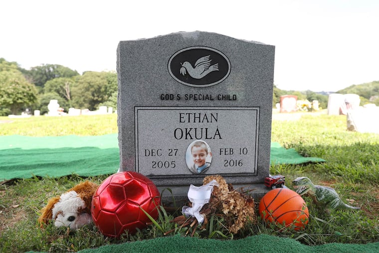 The headstone over the grave of Ethan Okula was donated by the Merion Memorial Park in Bala Cynwyd.