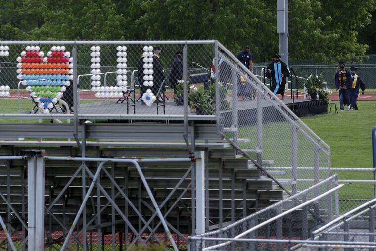 A message is seen in the empty bleachers for the Class of 2020 during their altered graduation ceremony at Cheltenham High School in Wyncote, Pa. on June 3.