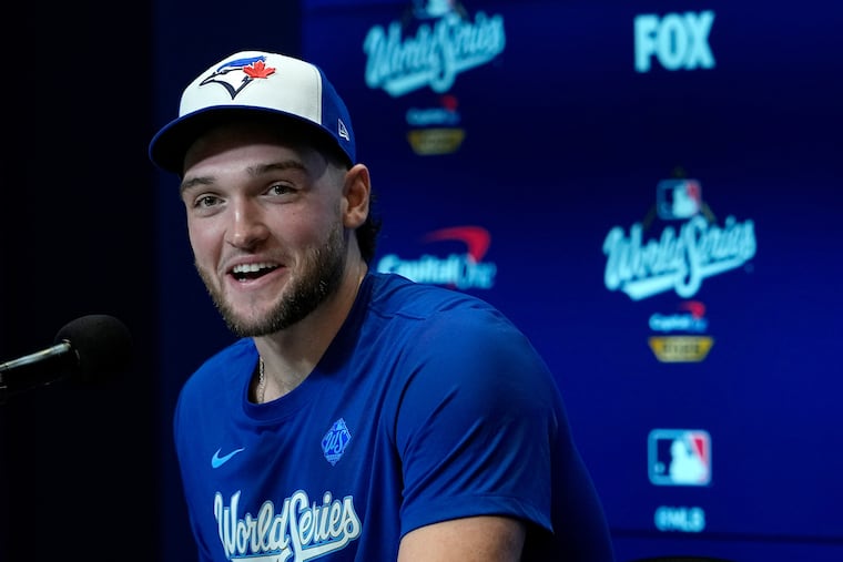 Blue Jays rookie pitcher Trey Yesavage speaks to the media on Thursday ahead of his Game 1 start against the Dodgers in the World Series on Friday in Toronto.