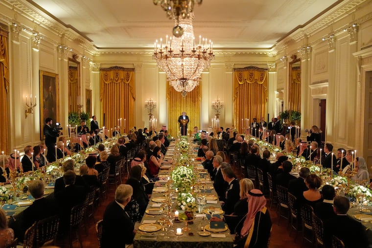 President Donald Trump speaks during a dinner with Saudi Arabia's Crown Prince Mohammed bin Salman in the East Room of the White House on Tuesday.