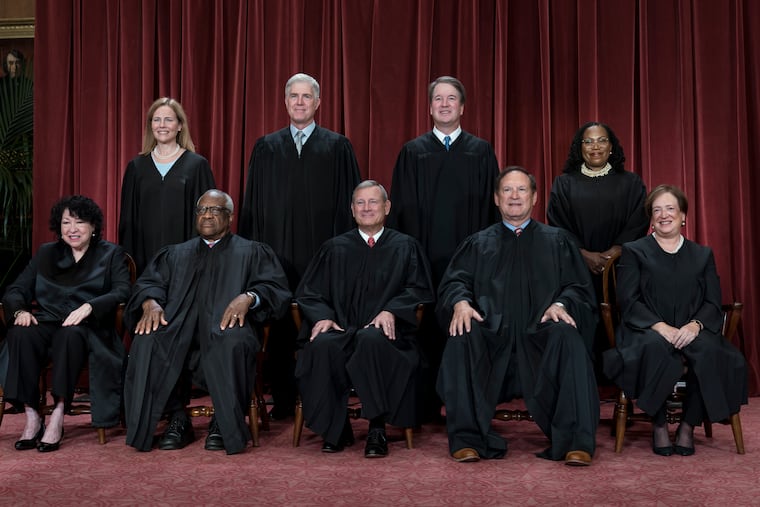 Members of the Supreme Court, in 2022. Bottom row, from left: Justice Sonia Sotomayor, Justice Clarence Thomas, Chief Justice of the United States John Roberts, Justice Samuel Alito, and Justice Elena Kagan. Top row, from left: Justice Amy Coney Barrett, Justice Neil Gorsuch, Justice Brett Kavanaugh, and Justice Ketanji Brown Jackson.