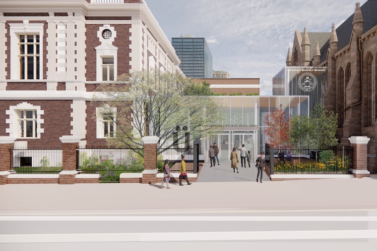 A rendering of the new, accessible entrance that will connect the College of Physicians building, which houses the Mütter Museum, and its new space at 2129 Chestnut St.