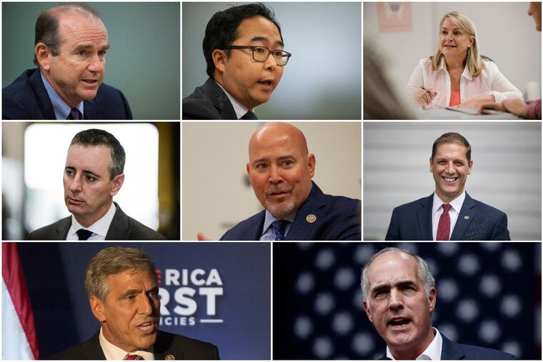 Pennsylvania and New Jersey are home to some of the most critical House and Senate races in the country in the 2018 midterm elections. Top row, from left: Democratic House candidates Scott Wallace (PA1), Andy Kim (NJ3) and Susan Wild (PA7). Middle row from left: Republicans U.S. Rep. Brian Fitzpatrick (PA1), U.S. Rep. Tom MacArthur (NJ3) and Marty Nothstein (PA7). Bottom row: U.S. Rep. Lou Barletta, the GOP nominee for U.S. Senate in Pennsylvania (left), and the state's Democratic incumbent, Sen. Bob Casey.