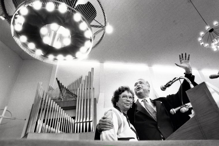 Grace Sullivan and the Rev. Leon H. Sullivan say goodbye to church members after Leon Sullivan’s last sermon at Zion Baptist Church in Philadelphia on June 26, 1988.