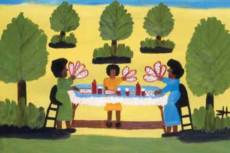Clementine Hunter's "Playing Cards" (c. 1970), oil on canvas board, is among a suite of her paintings in the Delaware Art Museum show. Her work depicts life on a Louisiana plantation.