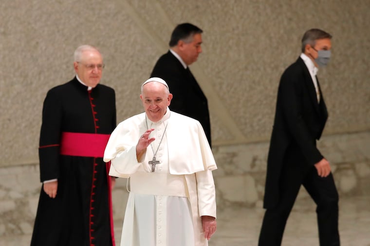 Pope Francis arriving in the Paul VI Hall at the Vatican for his weekly general audience on Oct. 28.