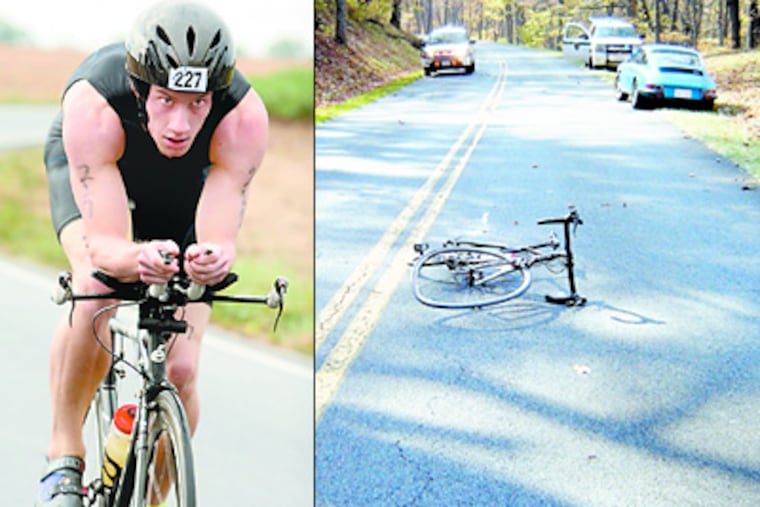 Left: Matt Miller at a Virginia triathlon in September. At right, Matt's racing bike, Black Beauty, crumpled on the Blue Ridge Parkway in Virginia hours after he lost control and slammed into an oncoming Porsche, parked at right.