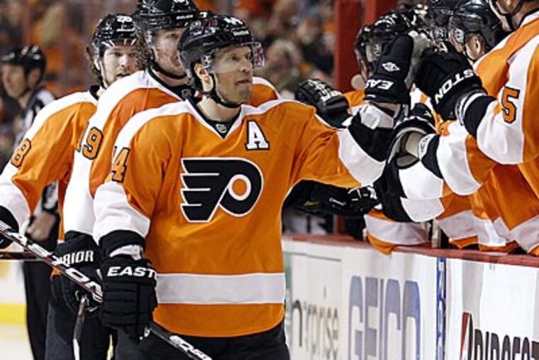 "We try to work out hard on these off-days, but it's tough. It's a long time," Kimmo Timonen said. (Yong Kim/Staff Photographer)