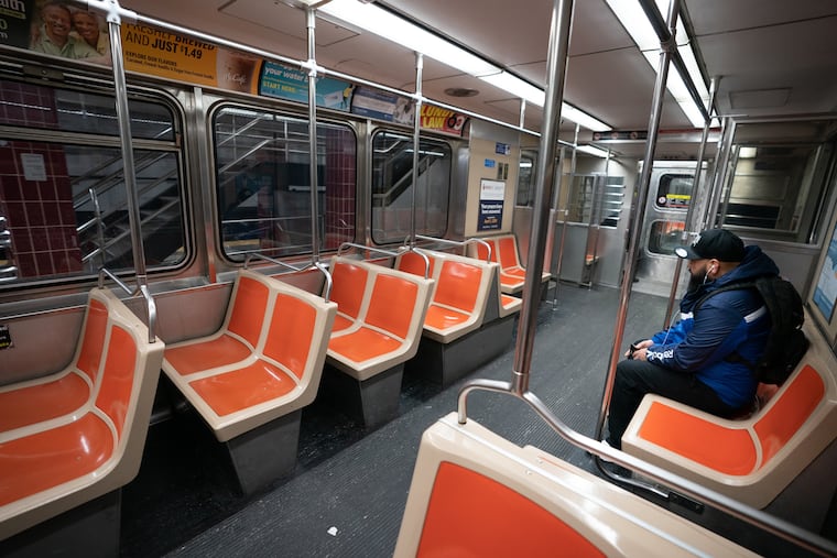 A nearly empty subway car along the Broad Street Line on March 24, 2020.