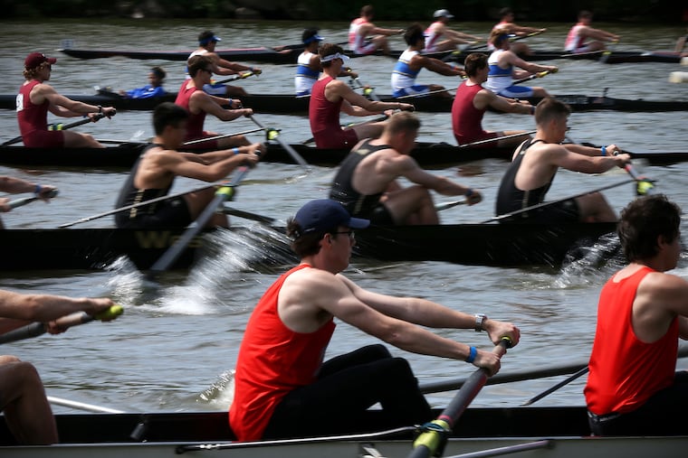 Rowers take off at the start of a men's novice four with coxswain semifinal race during the first day of the 81st annual Dad Vail Regatta on the Schuylkill in Philadelphia on Friday, May 10, 2019. The regatta will return May 7 after a one-year absence due to the pandemic.