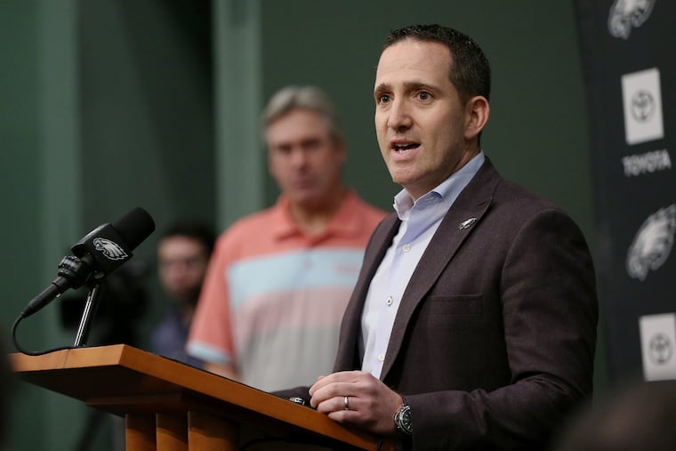 Eagles general manager Howie Roseman speaks during a news conference at the NovaCare Complex on Wednesday, with head coach Doug Pederson in the background.