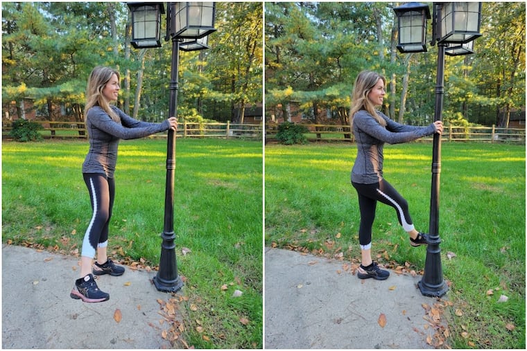 Ashley demonstrates a straight-leg lateral swing.