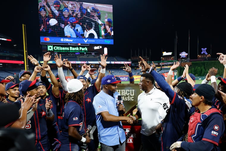 The American League team celebrates after beating the National League team in the HBCU Swingman Classic at Citizens Bank Park on Friday night.