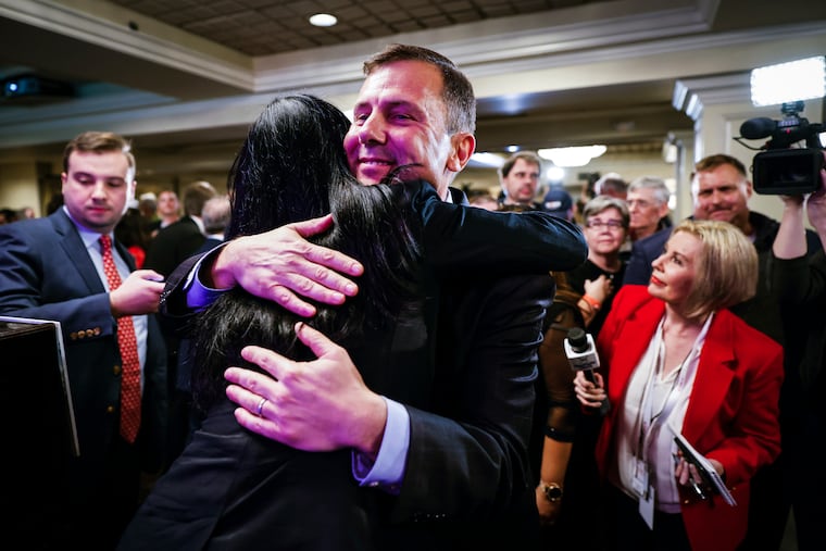 Tom Kean Jr., GOP candidate for New Jersey’s 7th Congressional District, hugs a supporter at his election night party held in Basking Ridge N.J., Tuesday, Nov. 8, 2022.