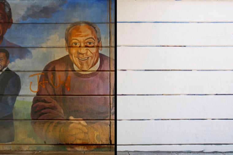 Left, a portrait of Bill Cosby under the bridge on North Broad Street. (Michael Bryant / Staff Photographer). Right, Whitewashed walls are all that remain of the mural. (Colin Kerrigan / Philly.com)