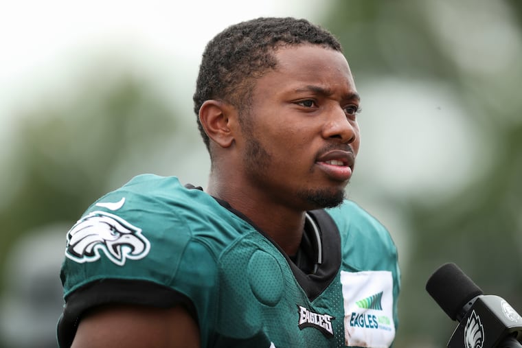 Eagles running back Kenneth Gainwell talking with reporters after a joint practice with the New England Patriots on Aug. 16.