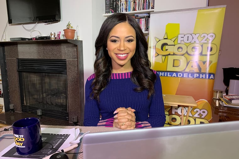 "Good Day Philadelphia's" Alex Holley in her apartment "studio," where on Tuesday she began coanchoring the morning show from home.