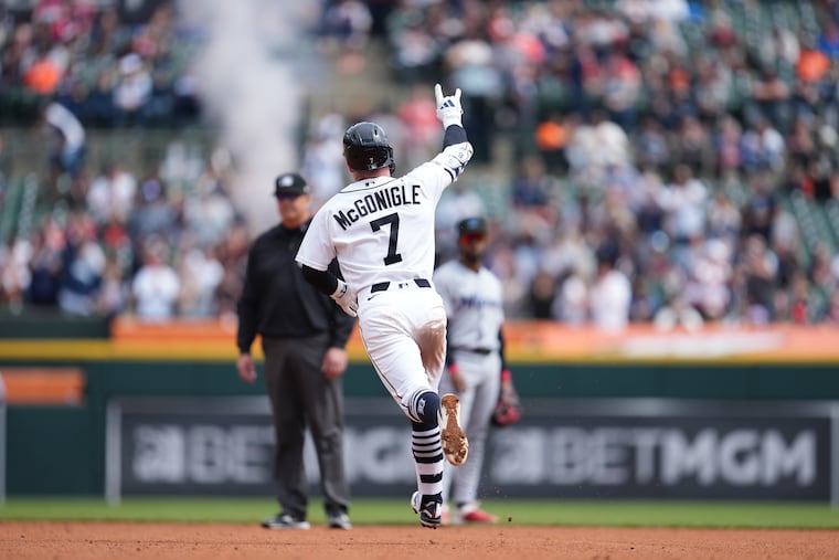 Detroit Tigers rookie Kevin McGonigle celebrates his home run against the Miami Marlins on April 12.