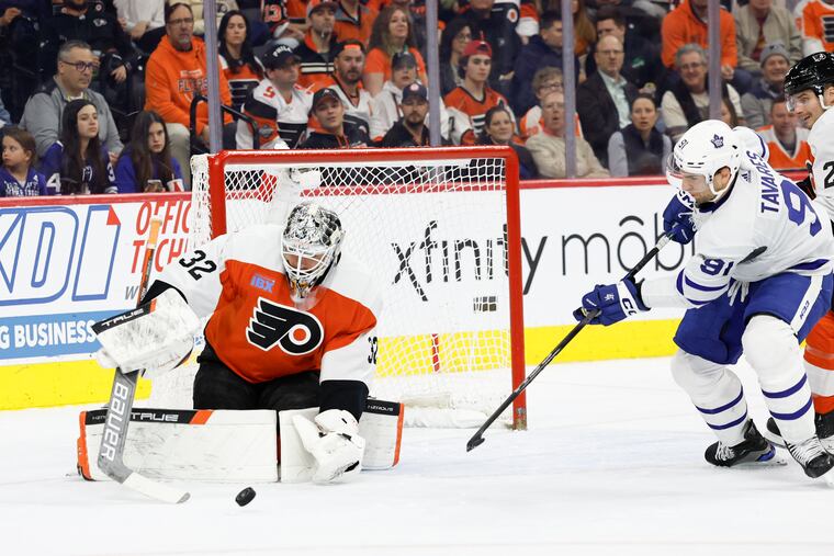 Flyers goalie Felix Sandstrom stopped seven shots in the second period after coming off the bench, but gave up three goals in the third period in the Maple Leafs 6-2 win.