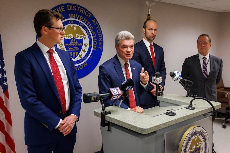 Delaware County District Attorney Jack Stollsteimer holds presser about election fraud charges, Delaware County Courthouse. Thursday, Dec. 19, 2024. From left are Douglas Rhoads, Deputy District Attorney Special Investigations Unit, Tanner Rouse, First Assistant District Attorney and James Allen, Elections Director, Delaware County. .