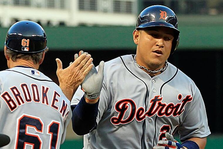 Detroit's Miguel Cabrera hit three home runs Sunday night against the Rangers. (John F. Rhodes / AP)