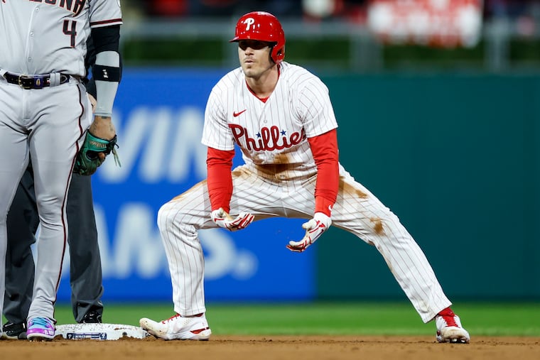 Philadelphia Phillies catcher J.T. Realmuto celebrates his RBI single during Game 1 of the National League Championship Series between the Arizona Diamondbacks and the Philadelphia Phillies on Monday at Citizens Bank Park.