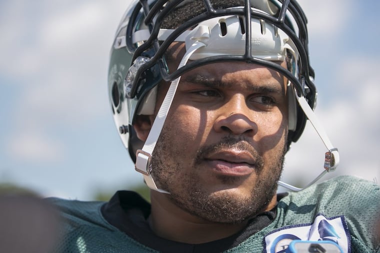 Philadelphia Eagles guard Brandon Brooks (79) speaks with the media after Eagles Training camp on Friday, Aug. 5, 2016, in Philadelphia.